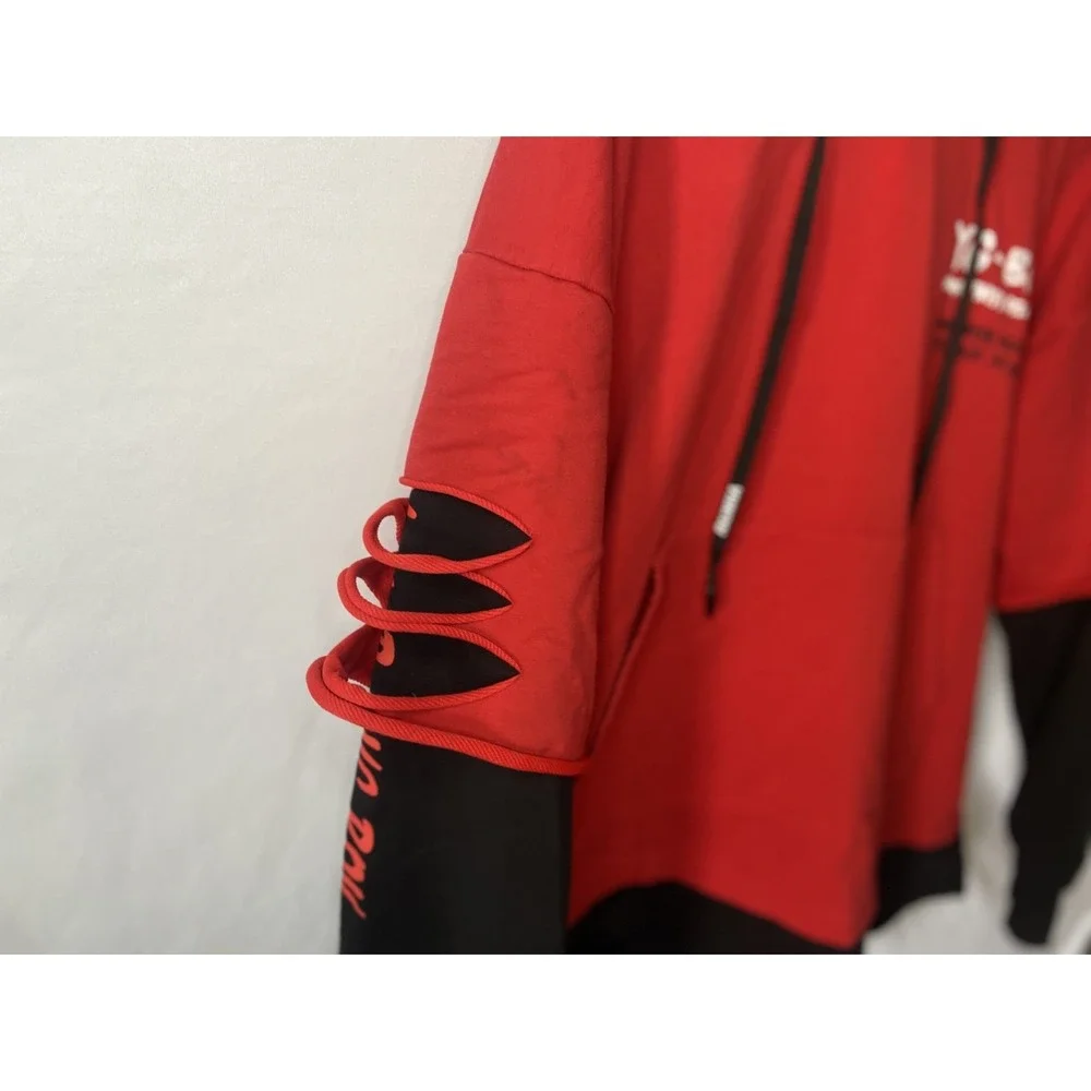 Yuge Fashion Red Black Layered Distressed Graphic Hoodie Mens 3XL Streetwear - Picture 9 of 16